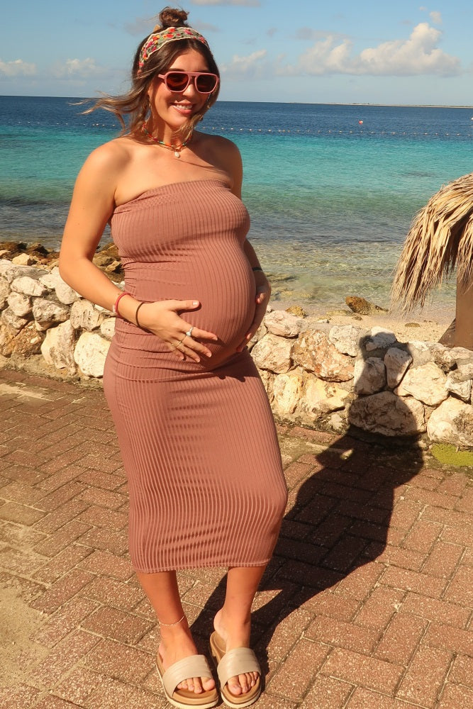 Mocha Ribbed Sleeveless Dress Cardigan Maternity Set by PinkBlush (view 8 of 41)