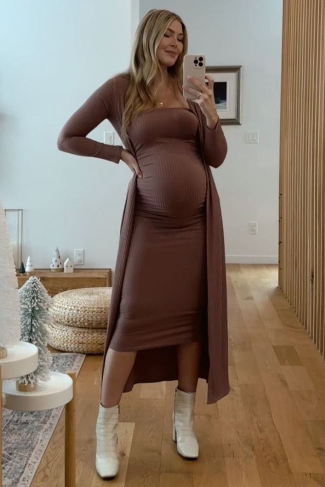 Mocha Ribbed Sleeveless Dress Cardigan Maternity Set by PinkBlush (view 2 of 41)