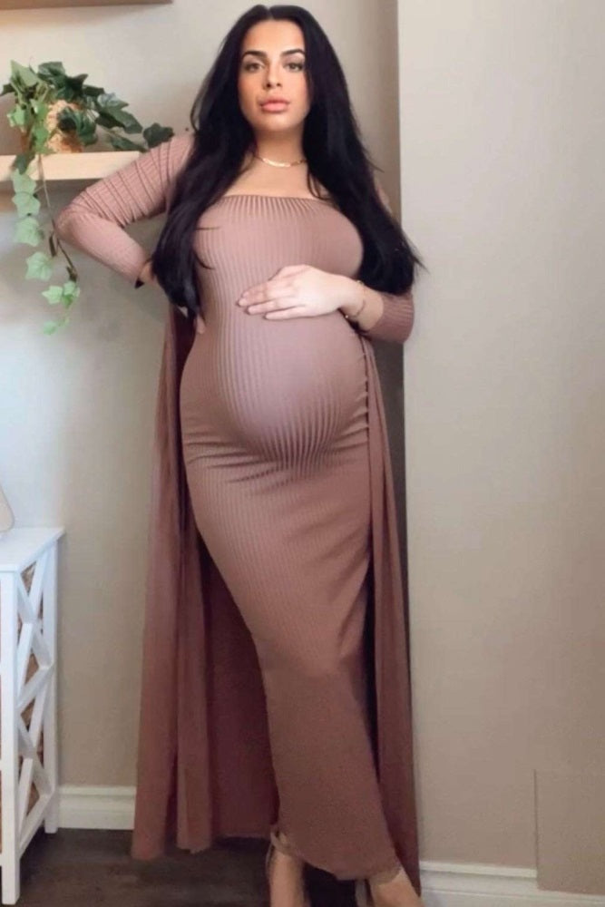 Mocha Ribbed Sleeveless Dress Cardigan Maternity Set by PinkBlush (view 9 of 41)