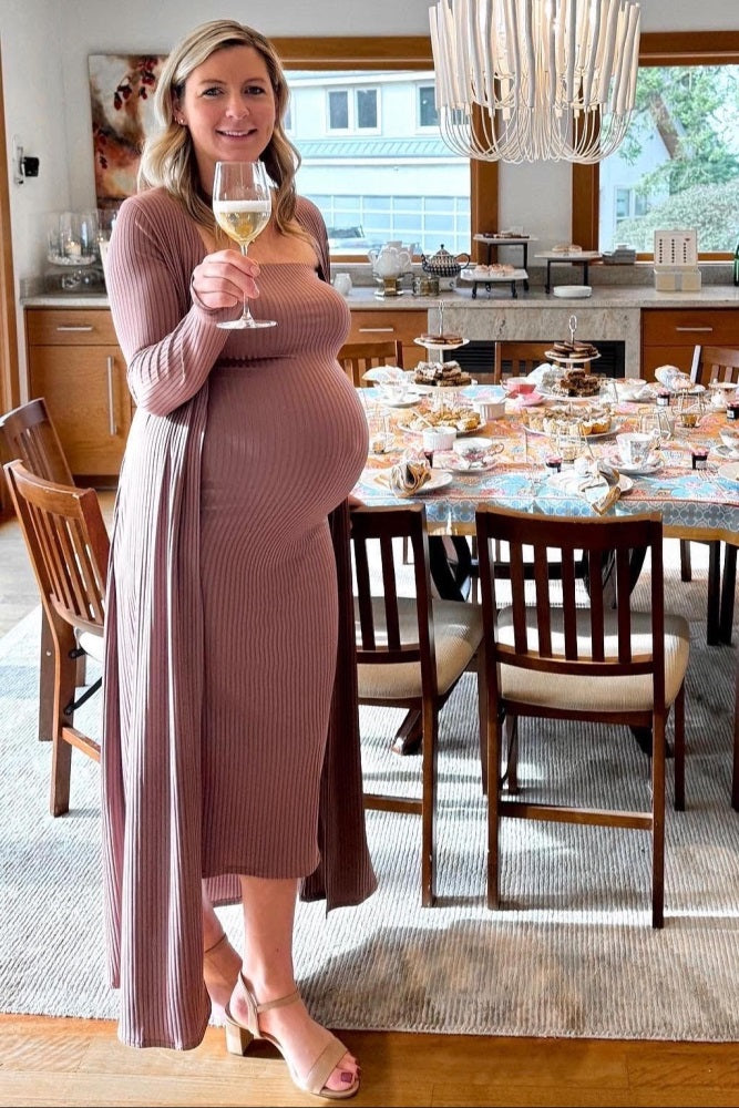 Mocha Ribbed Sleeveless Dress Cardigan Maternity Set by PinkBlush (view 10 of 41)