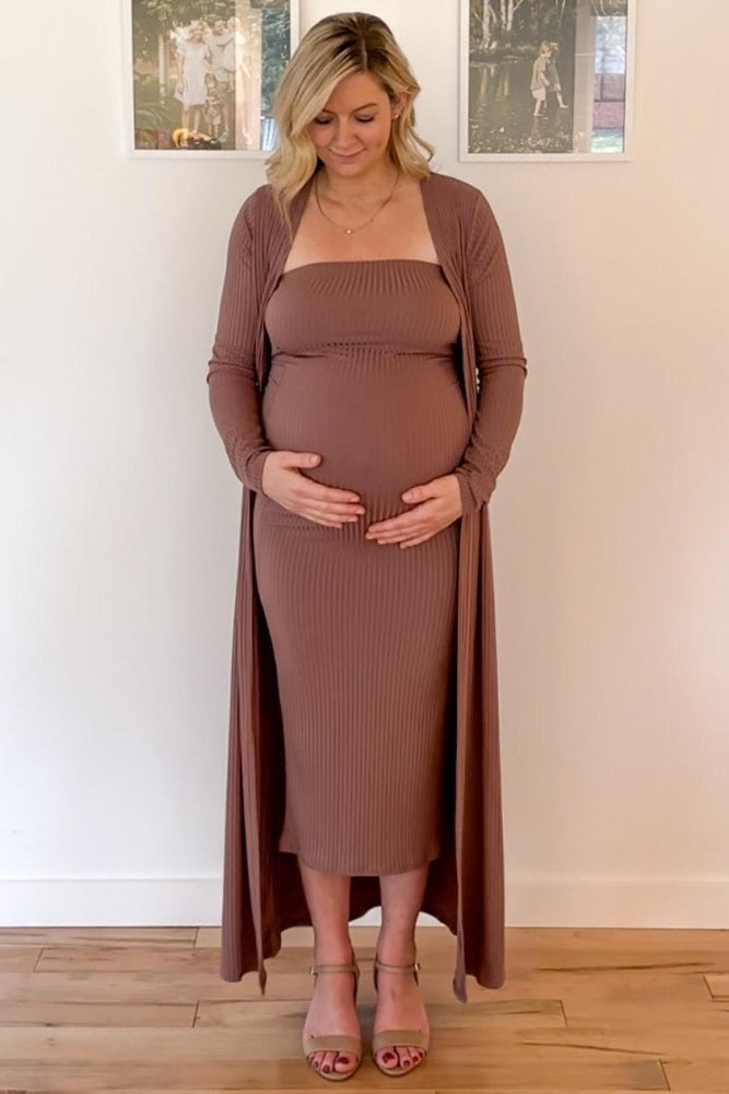 Mocha Ribbed Sleeveless Dress Cardigan Maternity Set by PinkBlush (view 11 of 41)