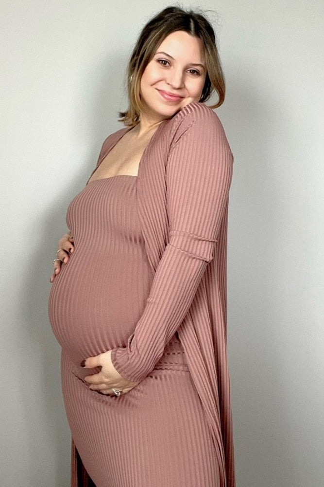 Mocha Ribbed Sleeveless Dress Cardigan Maternity Set by PinkBlush (view 12 of 41)