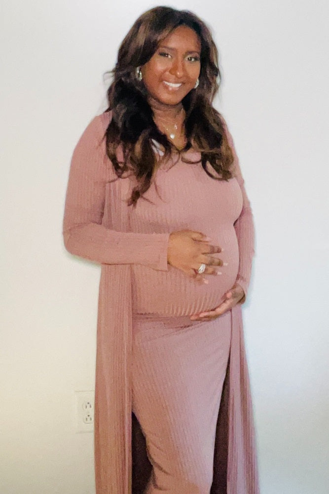 Mocha Ribbed Sleeveless Dress Cardigan Maternity Set by PinkBlush (view 13 of 41)