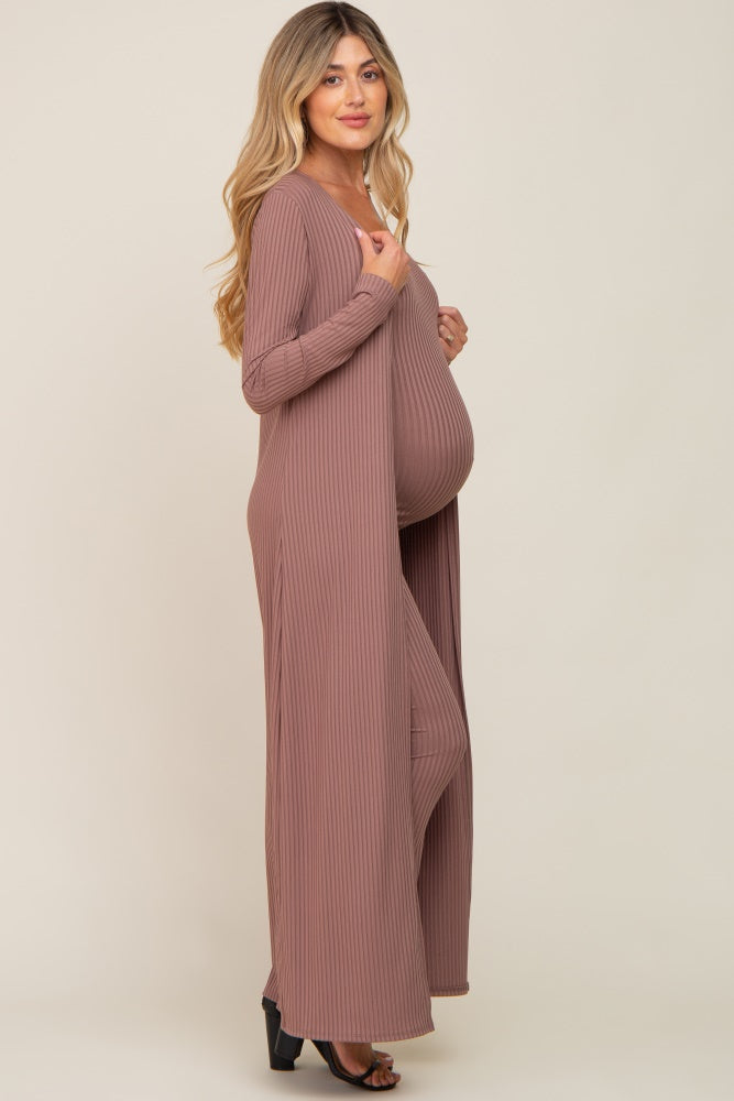 Mocha Ribbed Sleeveless Dress Cardigan Maternity Set by PinkBlush (view 4 of 41)