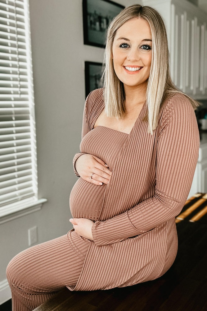 Mocha Ribbed Sleeveless Dress Cardigan Maternity Set by PinkBlush (view 15 of 41)