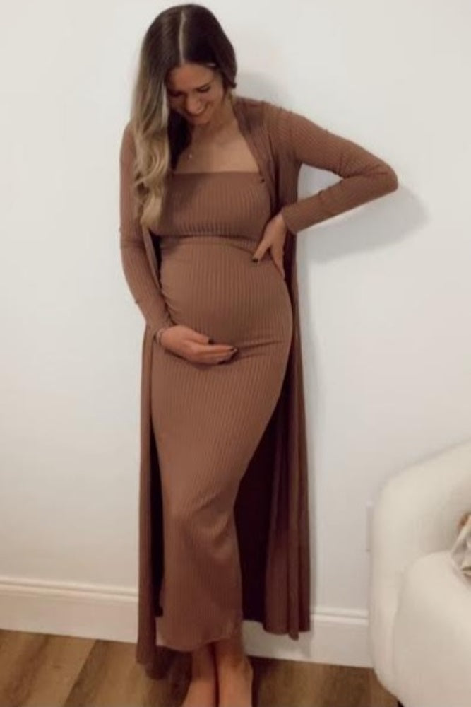 Mocha Ribbed Sleeveless Dress Cardigan Maternity Set by PinkBlush (view 16 of 41)