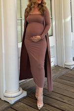 Mocha Ribbed Sleeveless Dress Cardigan Maternity Set by PinkBlush (view 17 of 41)