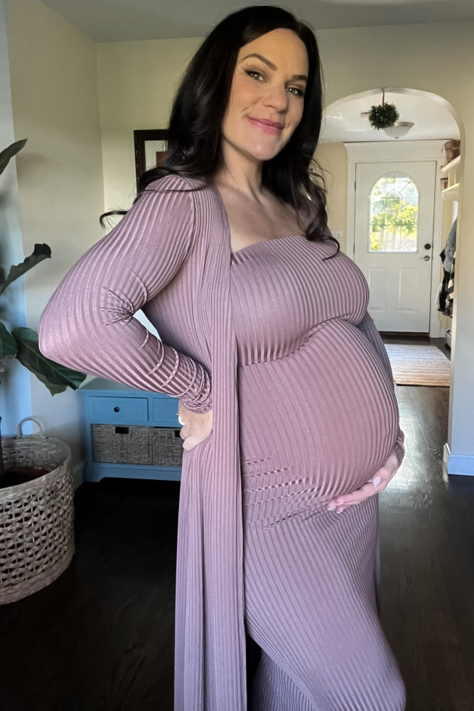 Mocha Ribbed Sleeveless Dress Cardigan Maternity Set by PinkBlush (view 18 of 41)