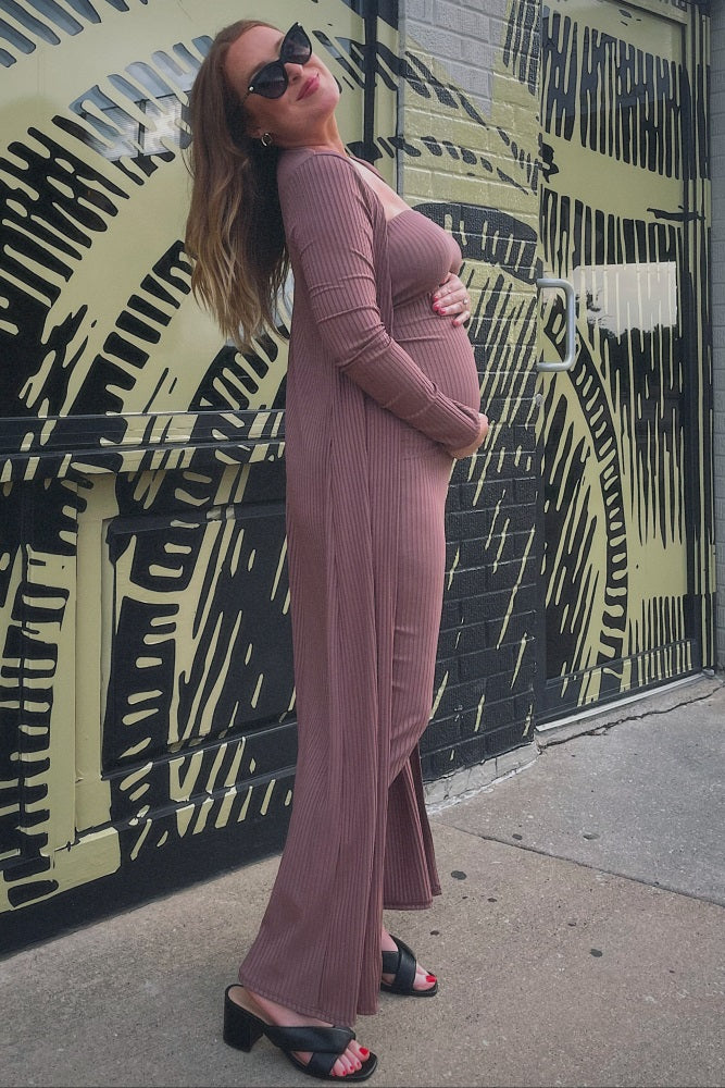 Mocha Ribbed Sleeveless Dress Cardigan Maternity Set by PinkBlush (view 20 of 41)