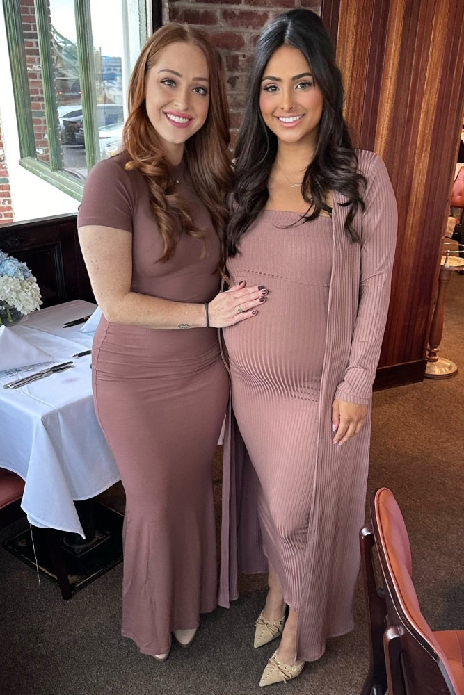 Mocha Ribbed Sleeveless Dress Cardigan Maternity Set by PinkBlush (view 21 of 41)