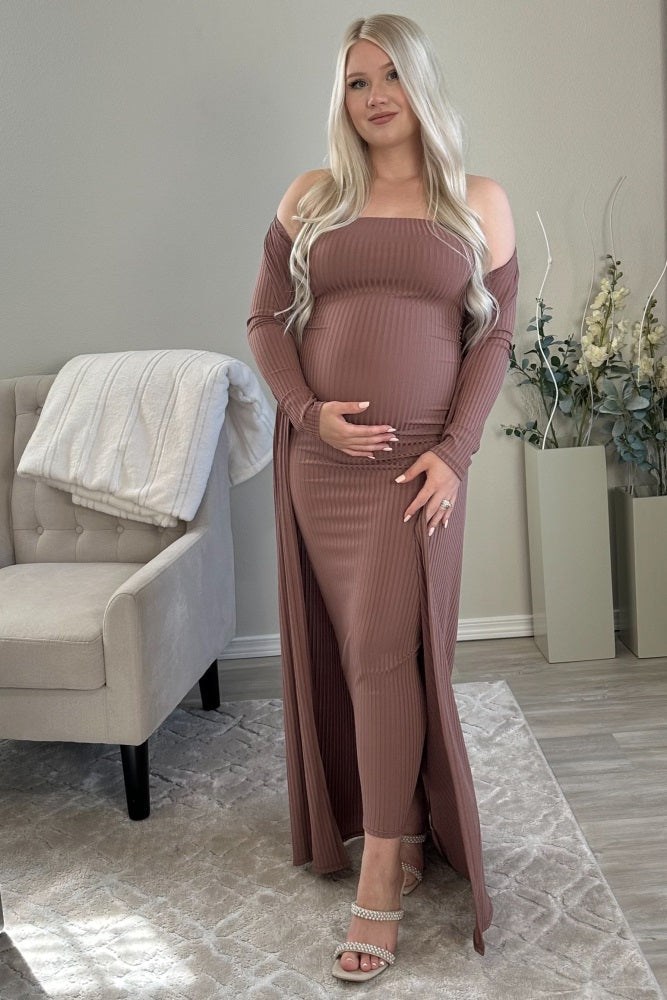 Mocha Ribbed Sleeveless Dress Cardigan Maternity Set by PinkBlush (view 23 of 41)