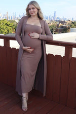Mocha Ribbed Sleeveless Dress Cardigan Maternity Set by PinkBlush (view 24 of 41)