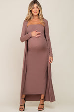Mocha Ribbed Sleeveless Dress Cardigan Maternity Set by PinkBlush (view 6 of 41)