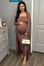 Mocha Ribbed Sleeveless Dress Cardigan Maternity Set by PinkBlush (view 27 of 41)