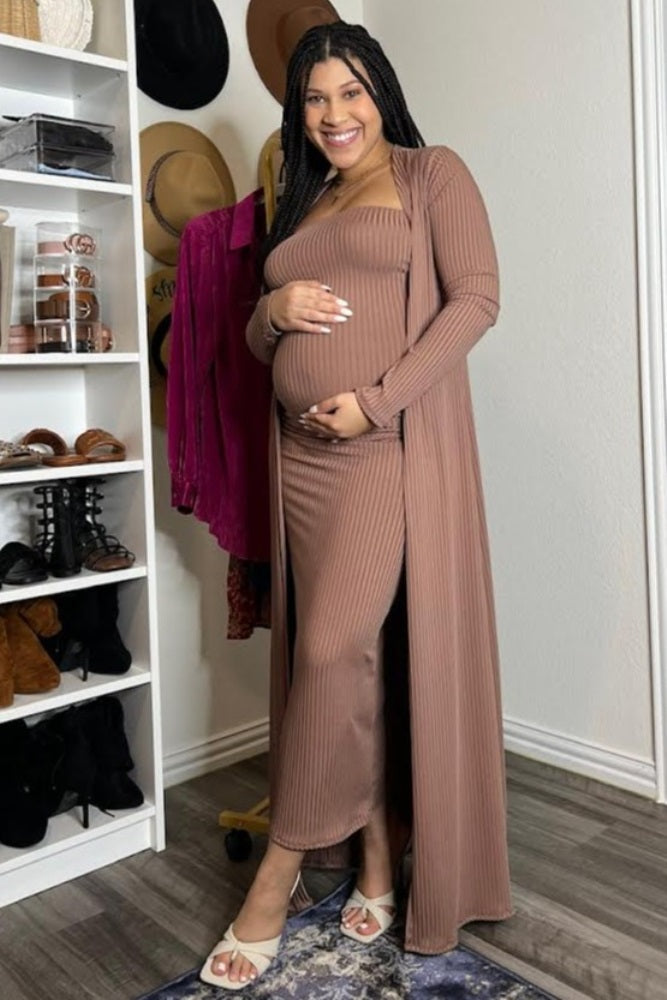 Mocha Ribbed Sleeveless Dress Cardigan Maternity Set by PinkBlush (view 28 of 41)