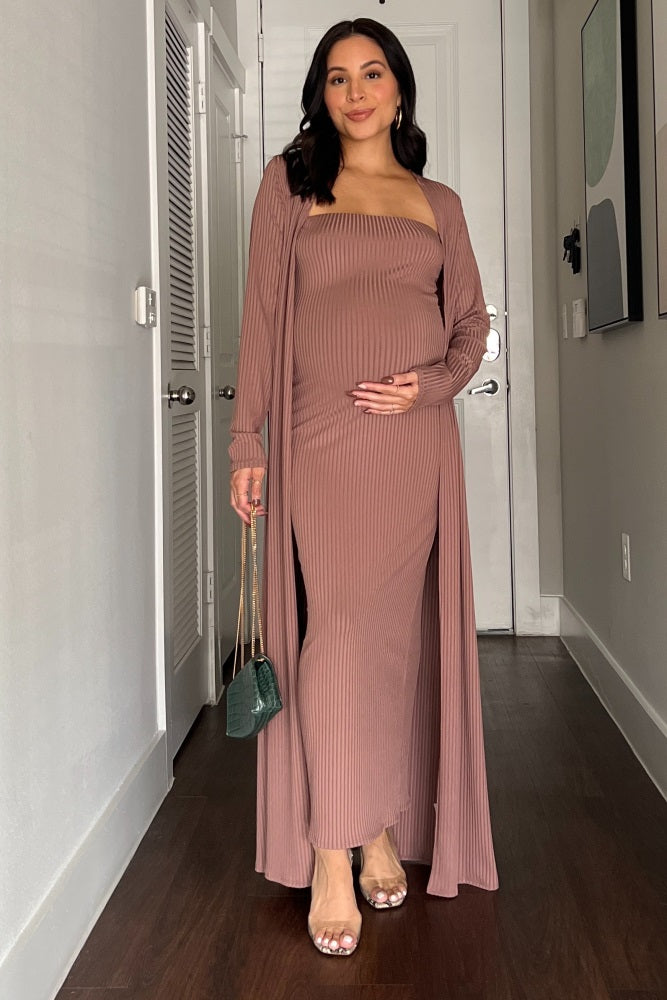 Mocha Ribbed Sleeveless Dress Cardigan Maternity Set by PinkBlush (view 29 of 41)