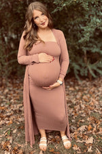 Mocha Ribbed Sleeveless Dress Cardigan Maternity Set by PinkBlush (view 31 of 41)