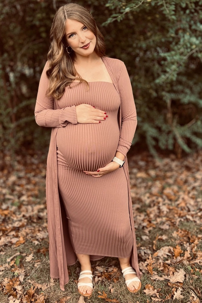 Mocha Ribbed Sleeveless Dress Cardigan Maternity Set by PinkBlush (view 31 of 41)
