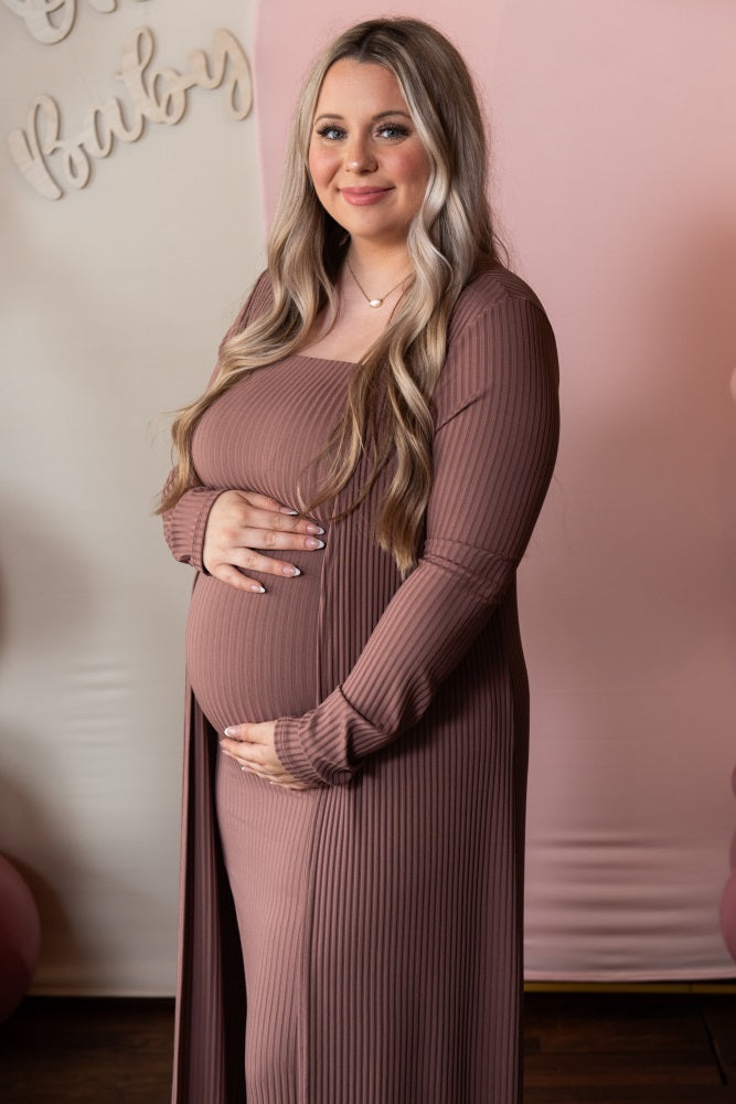 Mocha Ribbed Sleeveless Dress Cardigan Maternity Set by PinkBlush (view 33 of 41)