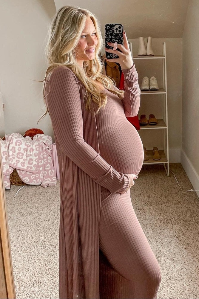Mocha Ribbed Sleeveless Dress Cardigan Maternity Set by PinkBlush (view 34 of 41)