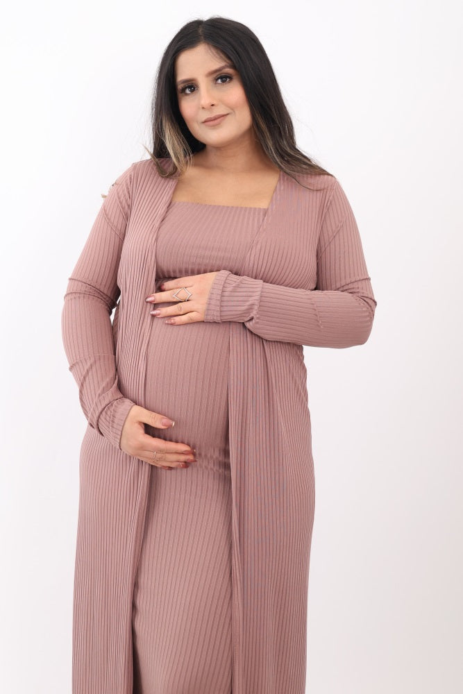 Mocha Ribbed Sleeveless Dress Cardigan Maternity Set by PinkBlush (view 35 of 41)