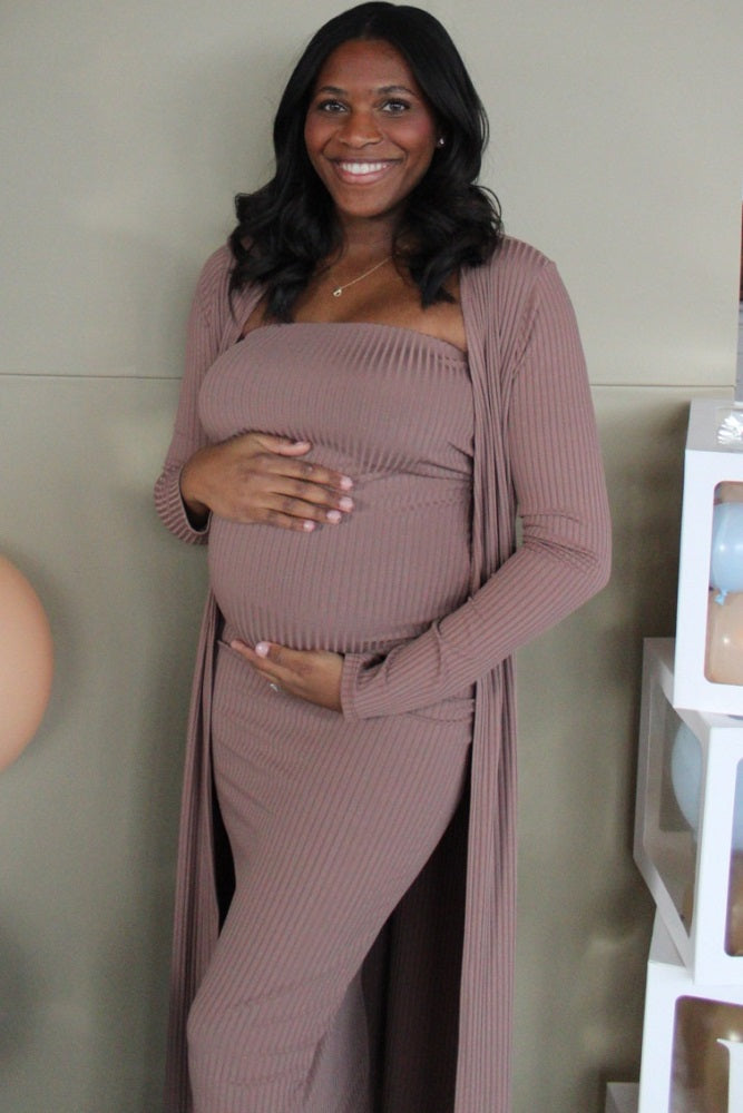Mocha Ribbed Sleeveless Dress Cardigan Maternity Set by PinkBlush (view 36 of 41)