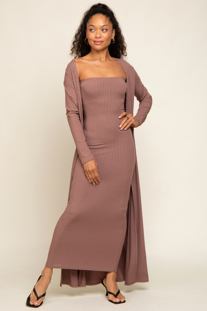 Mocha Ribbed Sleeveless Dress Cardigan Set by PinkBlush (view 1 of 4)