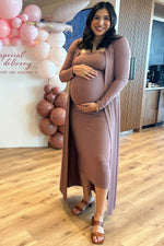 Mocha Ribbed Sleeveless Dress Cardigan Maternity Set by PinkBlush (view 39 of 41)
