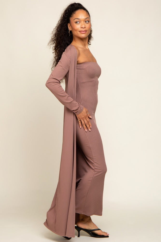 Mocha Ribbed Sleeveless Dress Cardigan Set by PinkBlush (view 2 of 4)