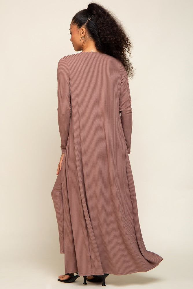 Mocha Ribbed Sleeveless Dress Cardigan Set by PinkBlush (view 3 of 4)