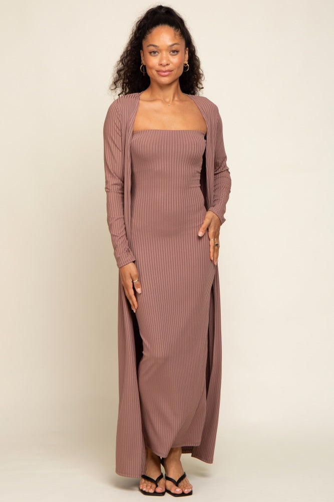 Mocha Ribbed Sleeveless Dress Cardigan Set by PinkBlush (view 4 of 4)