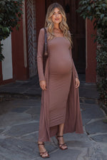 Mocha Ribbed Sleeveless Dress Cardigan Maternity Set by PinkBlush (view 1 of 41)