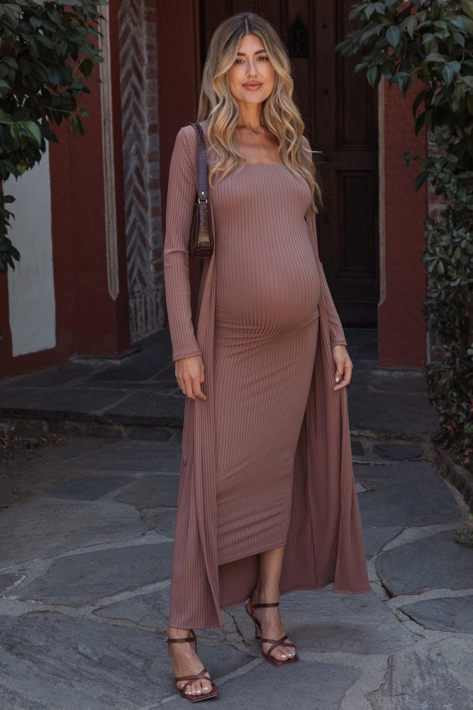 Mocha Ribbed Sleeveless Dress Cardigan Maternity Set by PinkBlush (view 1 of 41)