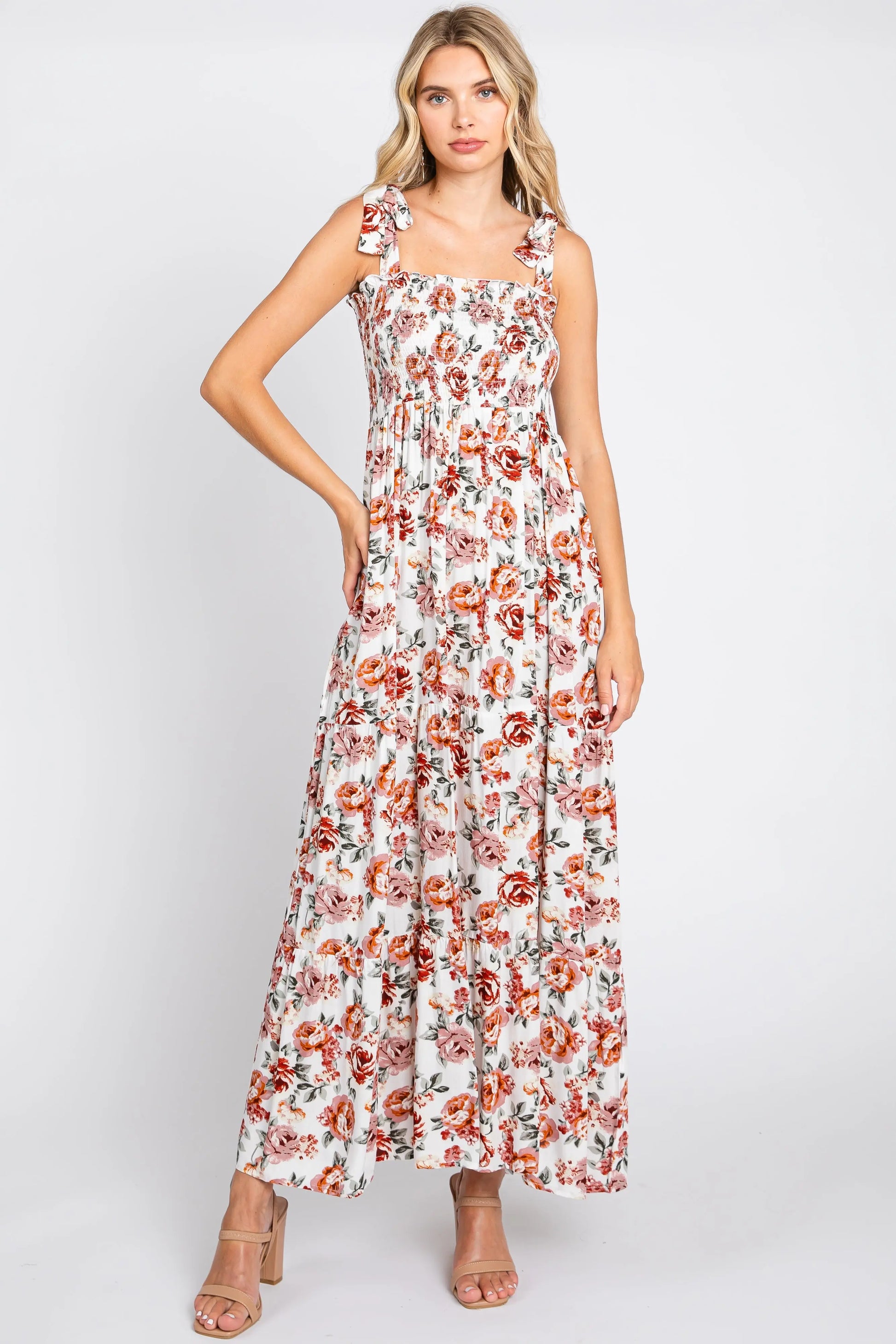 PinkBlush PinkBlush Cream Floral Maternity Maxi Dress with Smocked Shoulders - Apparel & Accessories > Clothing > Dresses