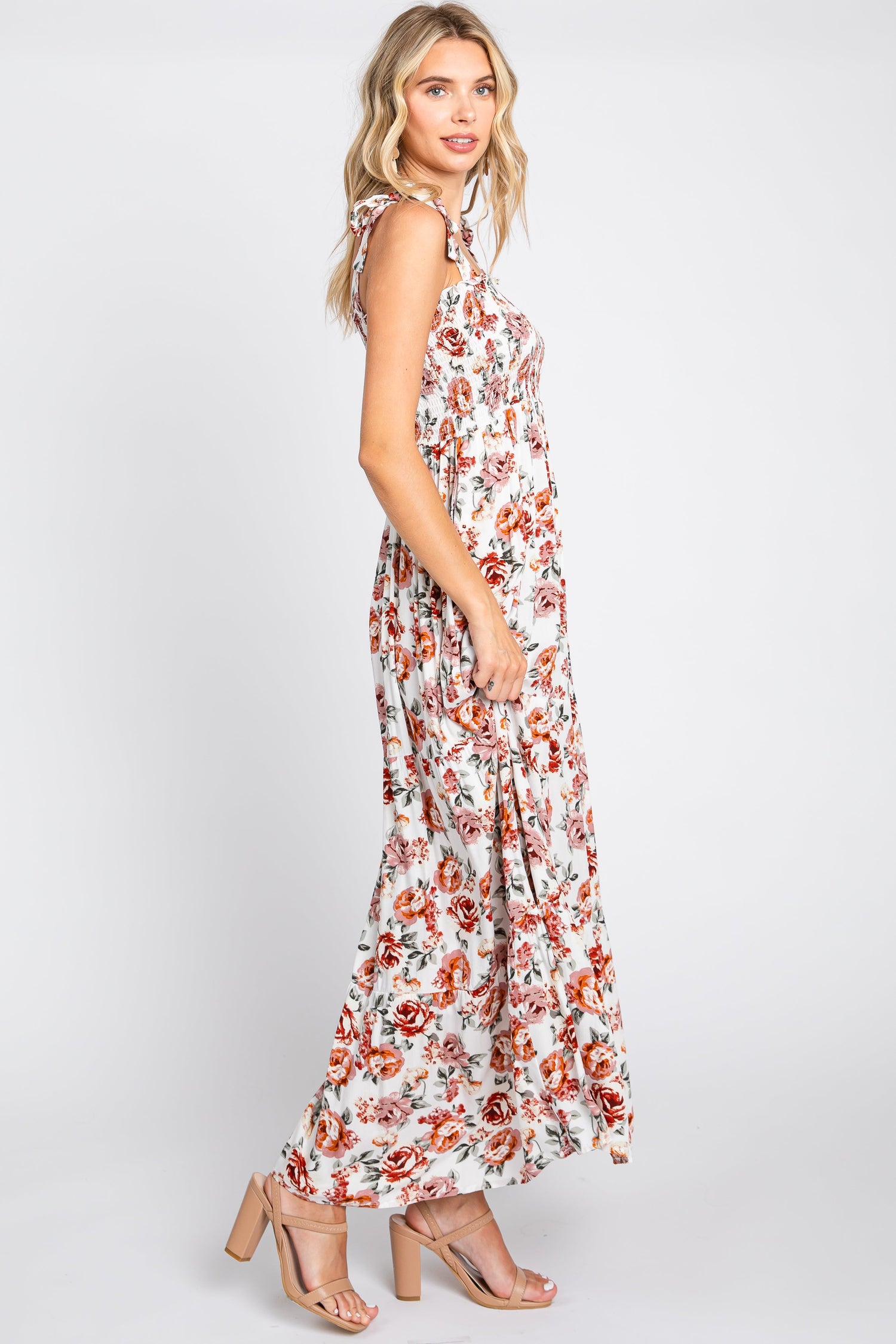 Cream Floral Smocked Maxi Dress - Tie-Shoulder Tiered