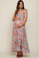 Light Blue Floral Smocked Shoulder Tie Tiered Maternity Maxi Dress by PinkBlush at Everetts Place