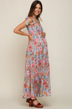 Light Blue Floral Smocked Shoulder Tie Tiered Maternity Maxi Dress by PinkBlush at Everetts Place