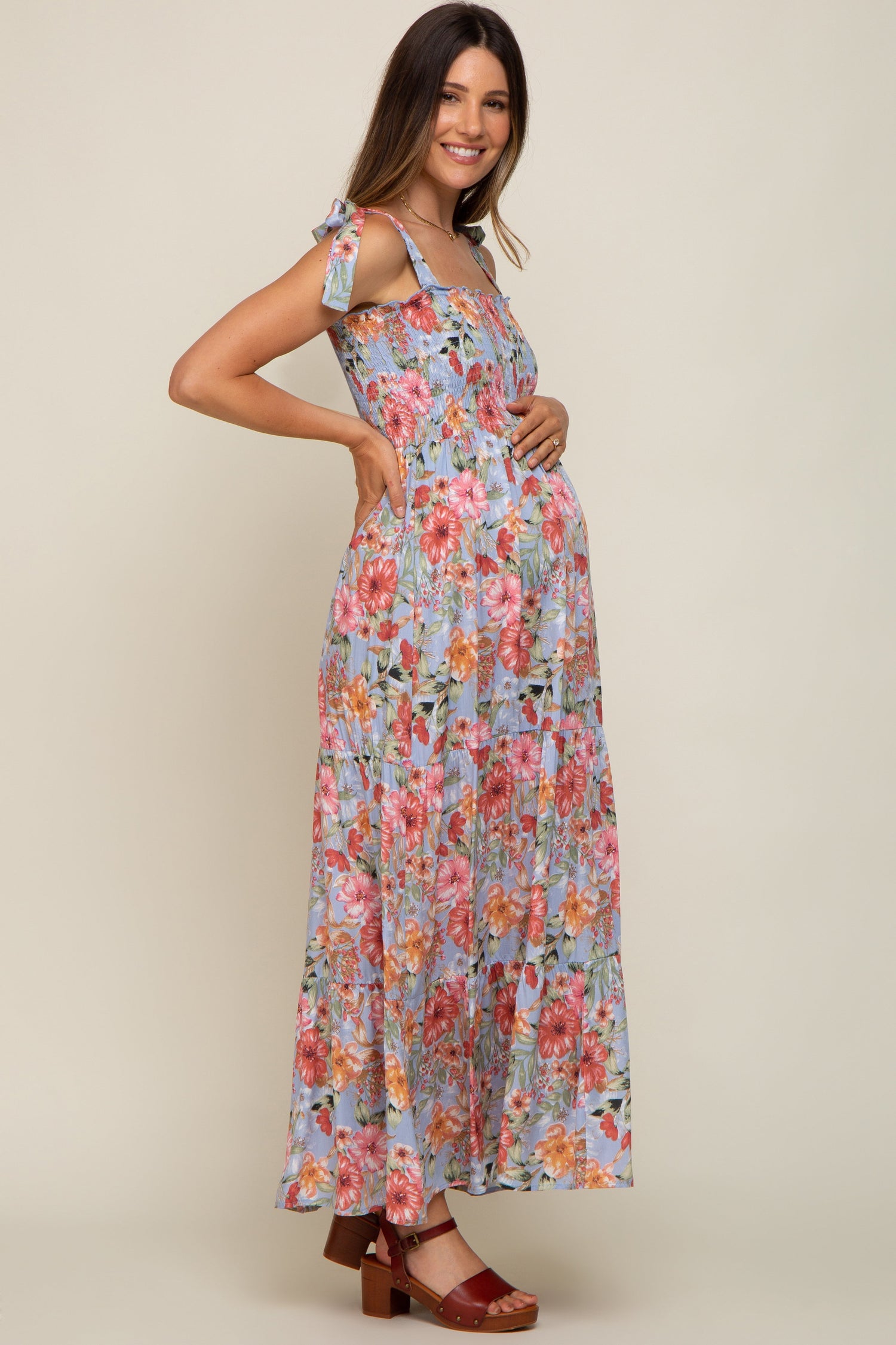 Light Blue Floral Smocked Shoulder Tie Tiered Maternity Maxi Dress by PinkBlush at Everetts Place