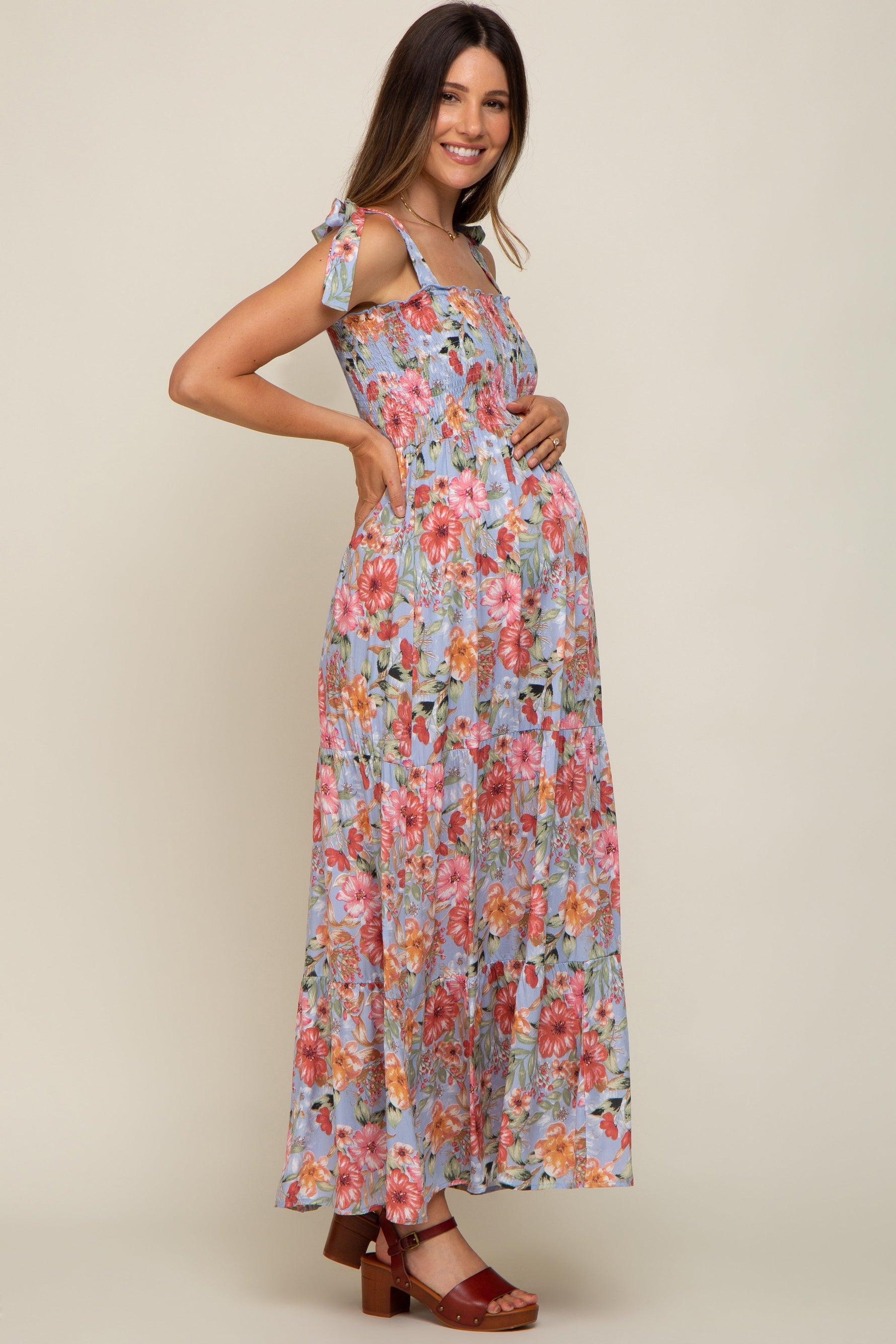 Light Blue Floral Smocked Shoulder Tie Tiered Maternity Maxi Dress by PinkBlush at Everetts Place