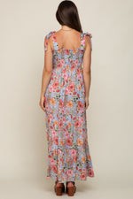 Light Blue Floral Smocked Shoulder Tie Tiered Maternity Maxi Dress by PinkBlush at Everetts Place
