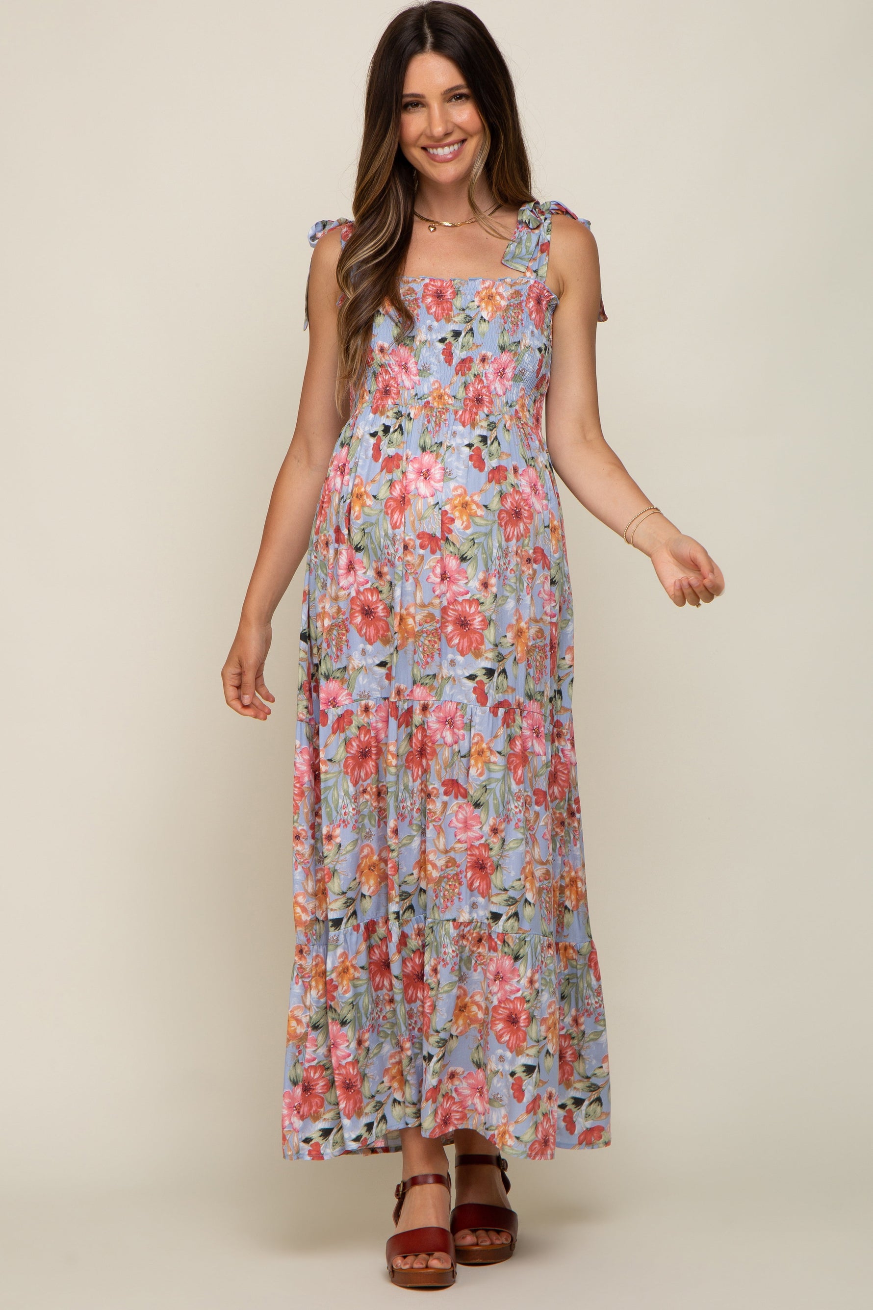 Light Blue Floral Smocked Shoulder Tie Tiered Maternity Maxi Dress by PinkBlush at Everetts Place