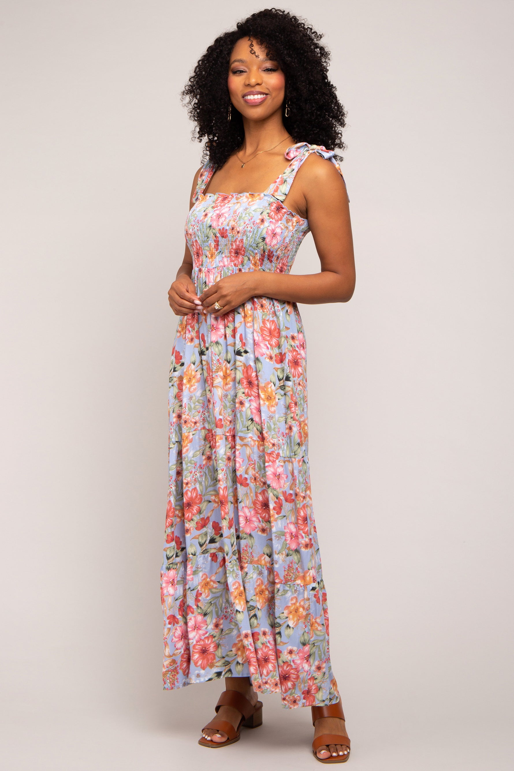 Light Blue Floral Smocked Shoulder Tie Tiered Maternity Maxi Dress by PinkBlush at Everetts Place
