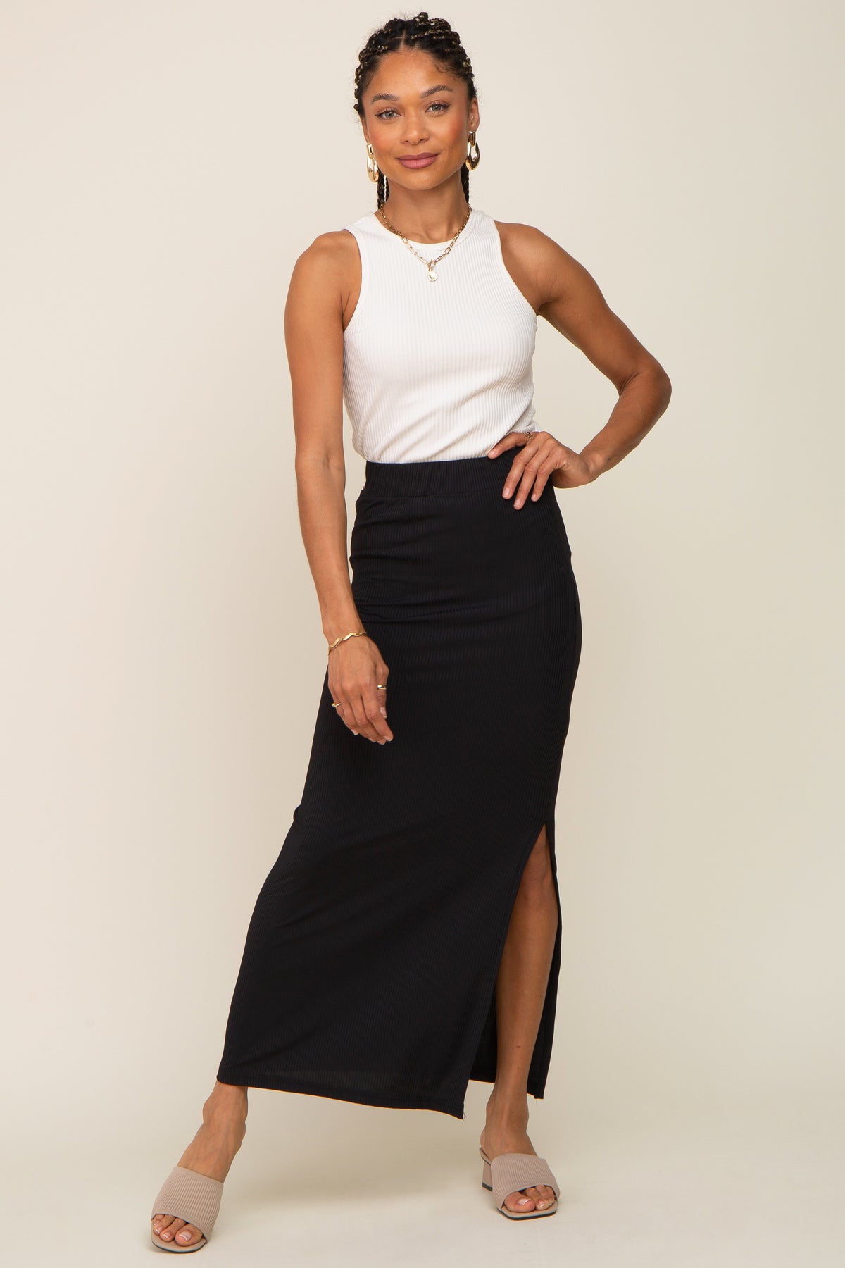 Black Ribbed Side Slit Midi Skirt by PinkBlush at Everetts Place