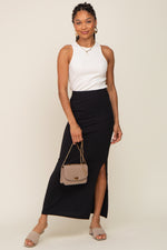 Black Ribbed Side Slit Midi Skirt by PinkBlush at Everetts Place