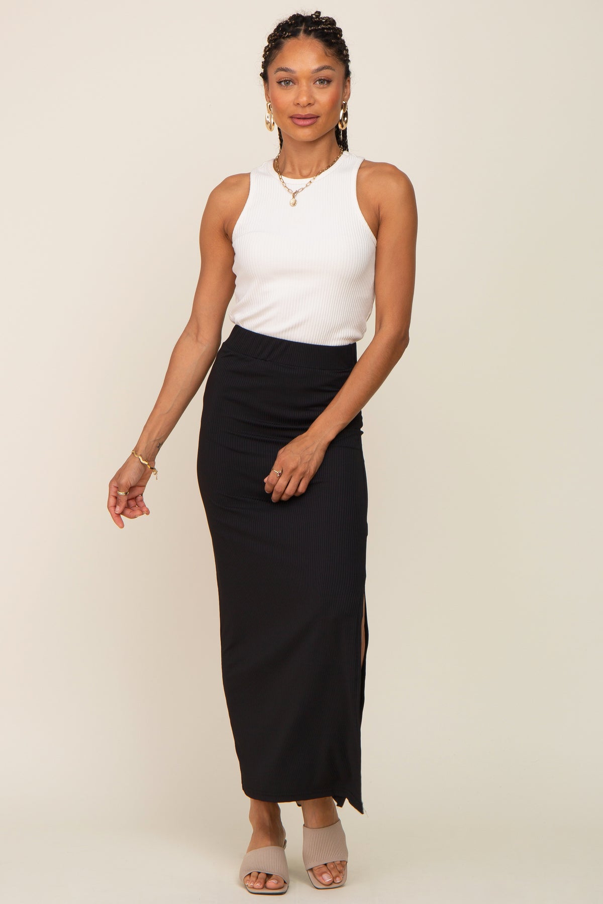 Black Ribbed Side Slit Midi Skirt by PinkBlush at Everetts Place