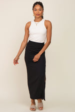 Black Ribbed Side Slit Midi Skirt by PinkBlush at Everetts Place