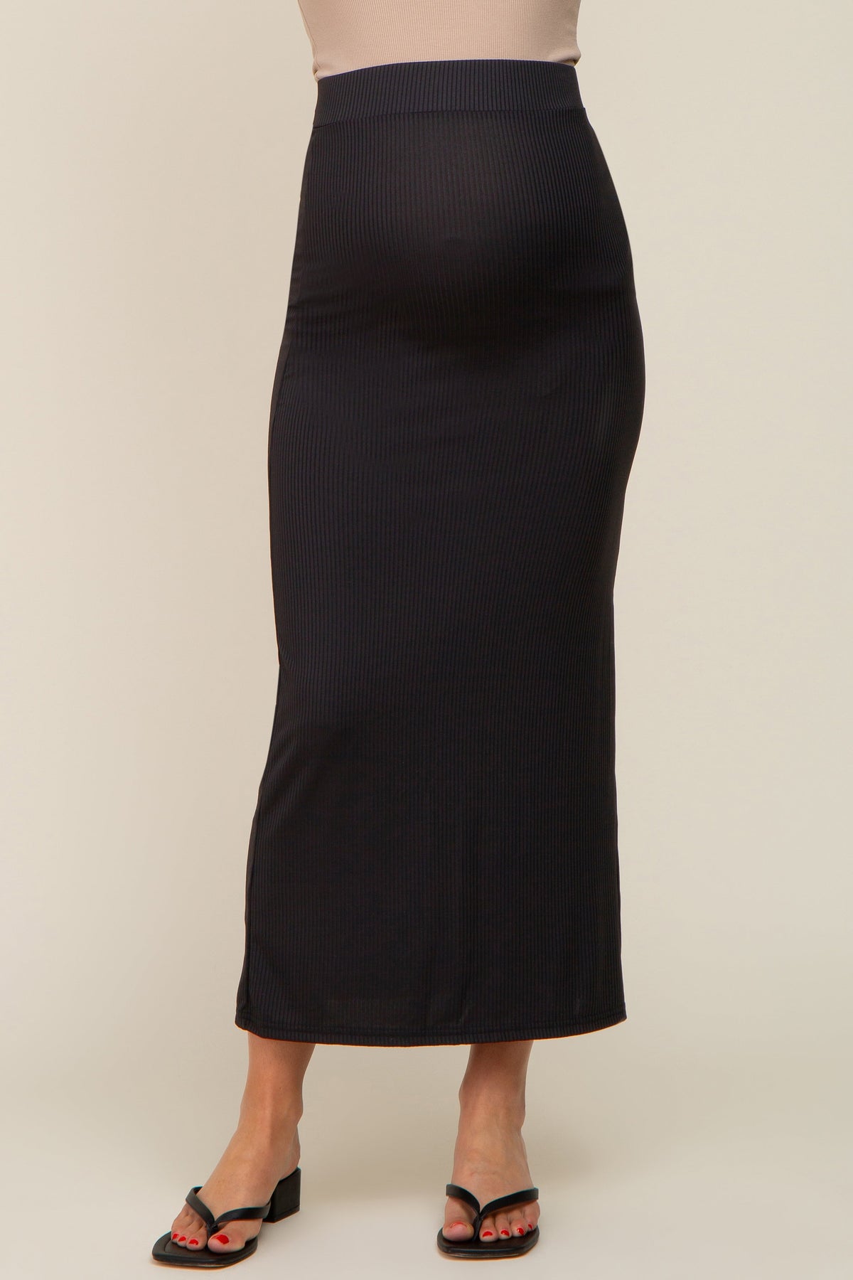 Black Ribbed Side Slit Maternity Midi Skirt by PinkBlush at Everetts Place