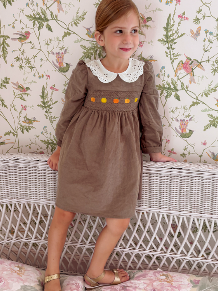 Fall Girls Pumpkin Smocked Eyelet Collar Corduroy Dress by Rylee Faith Designs