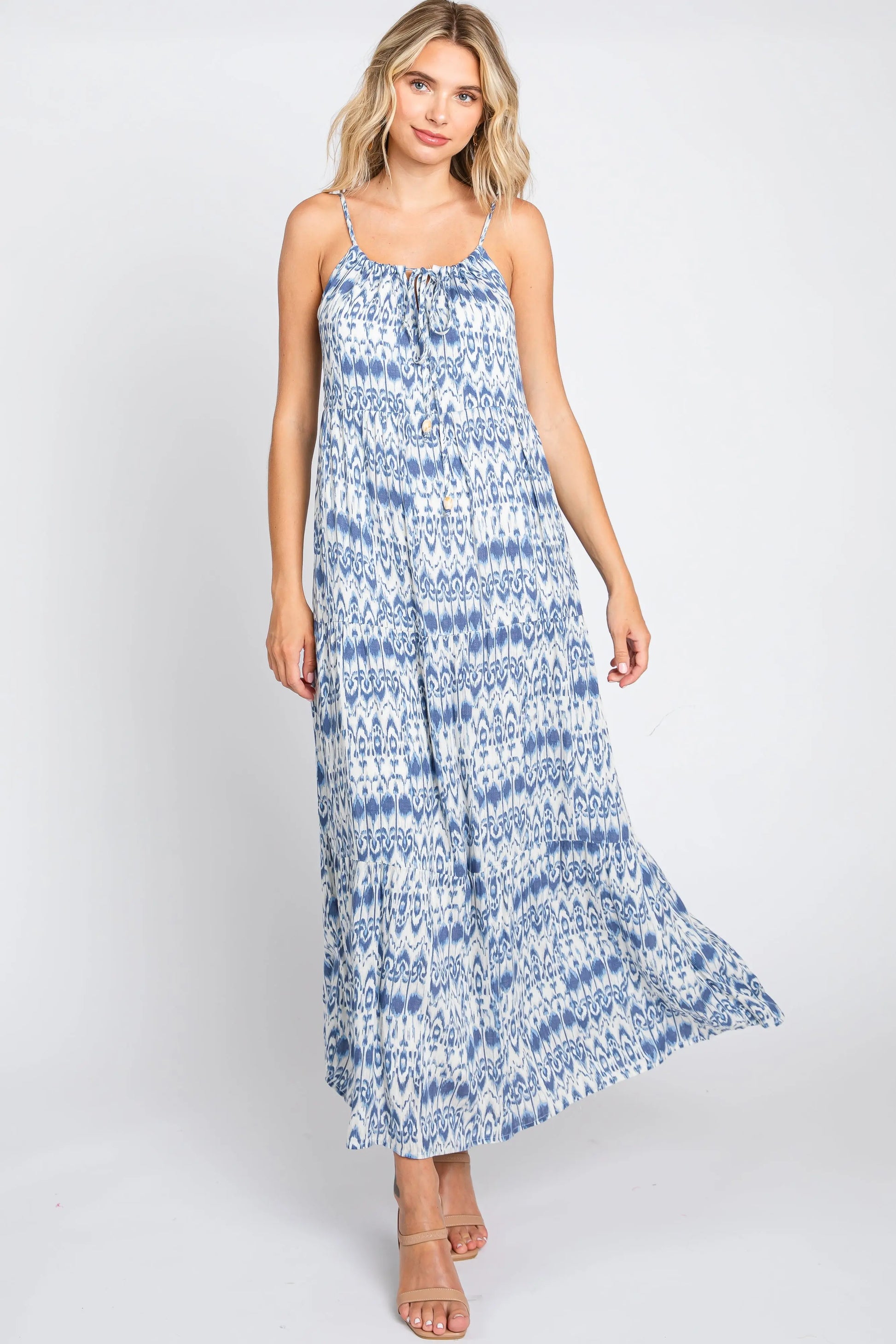 Blue Printed Tiered Maxi Dress with Back Cutout and Adjustable Straps PinkBlush