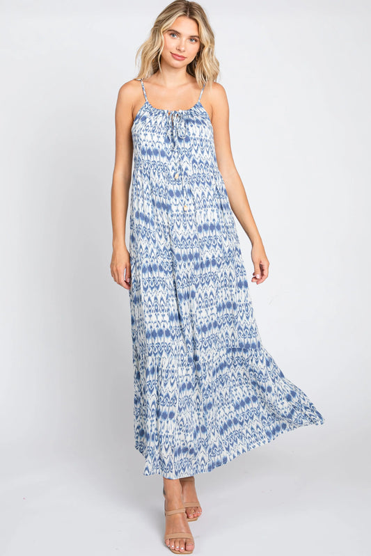 Blue Printed Tiered Maxi Dress with Back Cutout and Adjustable Straps PinkBlush